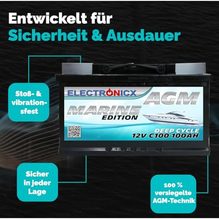 Electronicx AGM Batterie 100AH Marine Edition, 12V Versorgungsbatterie für Boot, Wohnmobil & Solar, wartungsfrei und auslaufsicher – Bild 5