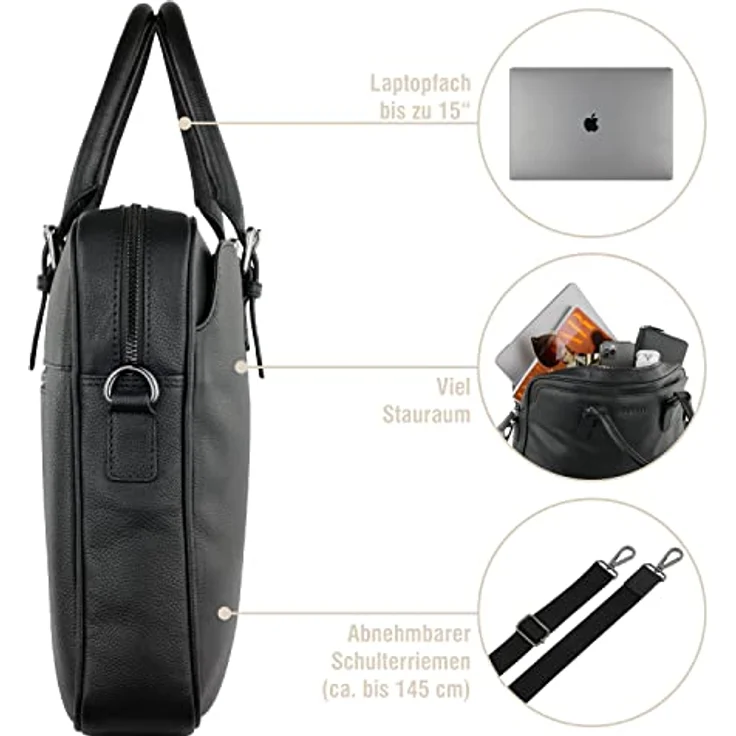 Bugatti Aktentasche Bella Briefcase (15"), Notebooktasche, Schwarz, aus hochwertigem Rindleder – Bild 4