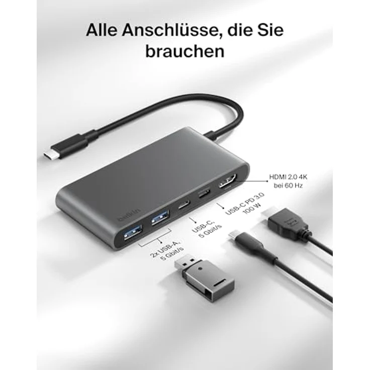 Belkin USB C Hub, 5-in-1 Docking Station mit 4K HDMI, 100 W Power Delivery, 5 Gbit/s Datentransfer, USB-C Adapter für MacBook, iPad Pro, Chromebook – Grau – Bild 3