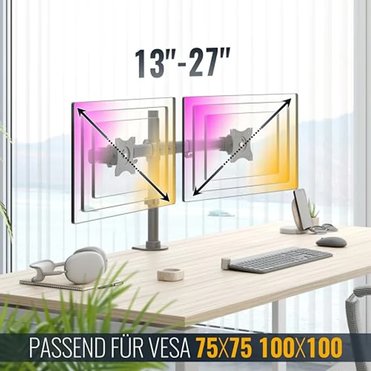 RICOO Monitorhalterung 2 Monitore Monitorarm Monitor Halterung Tisch TS7811 VESA Tischhalterung für 13-27 Zoll Bildschirme - Schwenkbar, Höhenverstellbar, 360 Grad drehbar – Bild 5