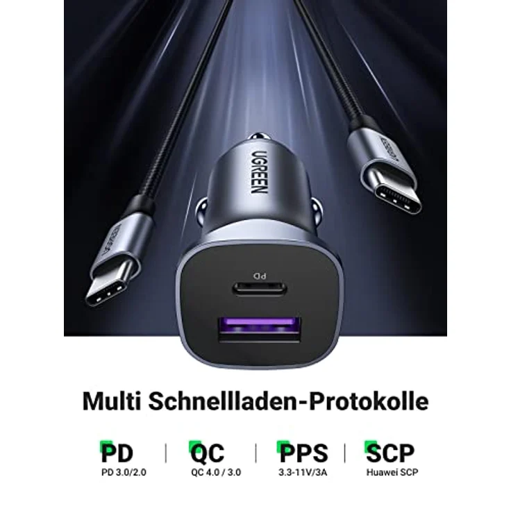 Ugreen USB-A / USB-C 30W Schnelles Autoladegerät mit PD PPS, graues Ladegerät für iPhone und Galaxy Smartphones – Bild 2