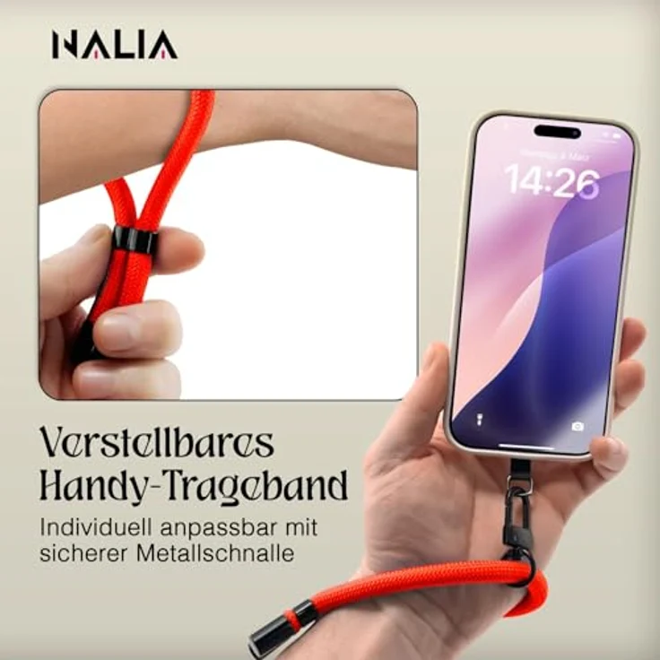 Nalia Wristy Handykette Universal Smartphone, Handgelenkschlaufe mit Hochfester Feinschlaufe und TPU Patch, schwarz – Bild 3