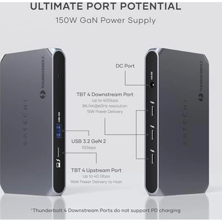 SATECHI Thunderbolt 4 Hub Slim Pro, USB C 96W Aufladung, 8K- oder Dual 4K-Display, 4 Thunderbolt 4-Anschlüsse, USB 3.2 Gen2 - Silber – Bild 2