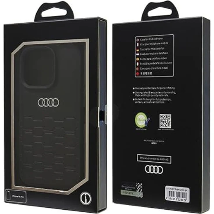 Audi Handyhülle iPhone 16 Pro, Kunstleder schwarz mit Metall Logo, 6,3 Zoll, Stoßfest, passgenau – Bild 7