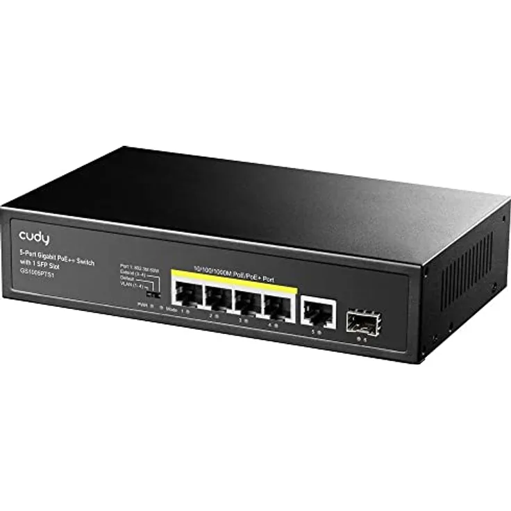 Cudy GS1005PTS1 Gigabit PoE+ Switch mit 5 Ports, PoE/PoE+, 120 Watt PoE Budget, maximal 60 Watt, EIN Port, 4 PoE-Ports, 1 RJ45-Uplink-Port, 1 SFP, 802.3 at/af, VLAN, 250 Meter Verlängerung