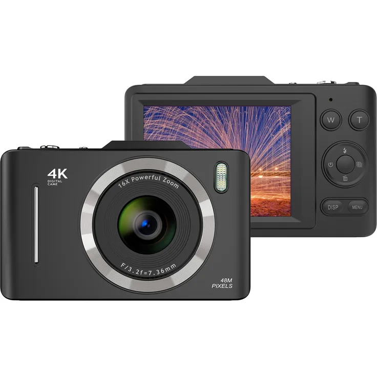 Douself 4K Digitalkamera, tragbare Videokamera mit 48 MP, 2,8 Zoll IPS-Bildschirm, 16-fach Zoom, Anti-Shake, Schwarz