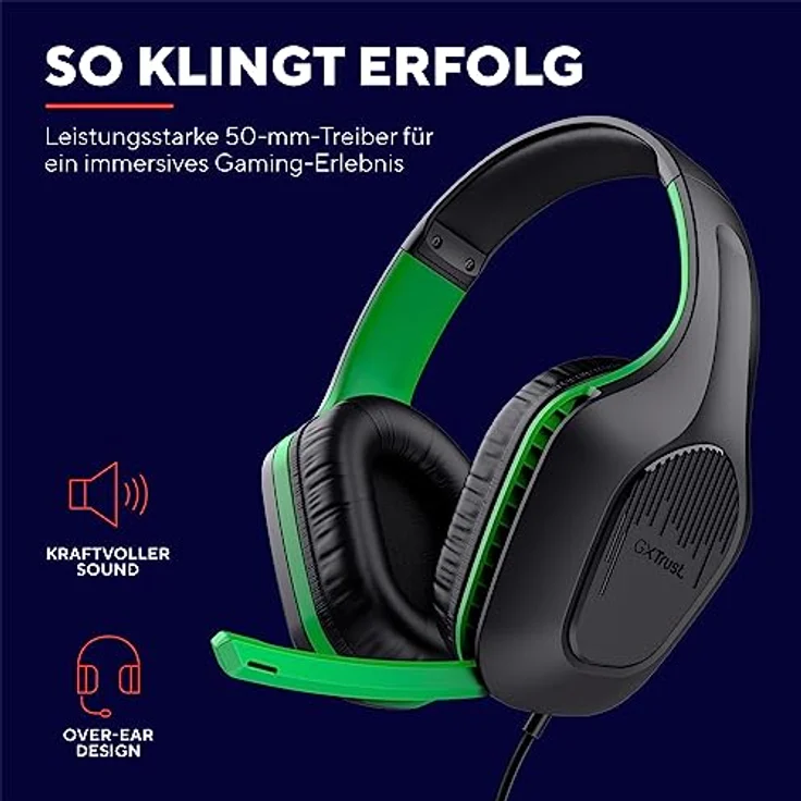 Trust Gaming GXT 415PS Zirox Leichtes Gaming Headset für Xbox Series X/S mit 50-mm-Treiber, 1,2 m Kabel, 3,5-mm-Audioanschluss, Over-Ear Kopfhörer mit Kabel - Schwarz/Grün – Bild 3