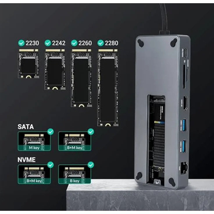 Reagle 10-in-1 USB-C Hub mit M.2 SSD-Gehäuse, 4K@60Hz HDMI, 100W PD, 10Gbps USB 3.2 Gen 2, RJ45 Gigabit Ethernet, SD/microSD Kartenleser – Aluminiumgehäuse, kompatibel mit Windows, MacOS, Android, NVMe/SATA NGFF SSDs – Bild 3