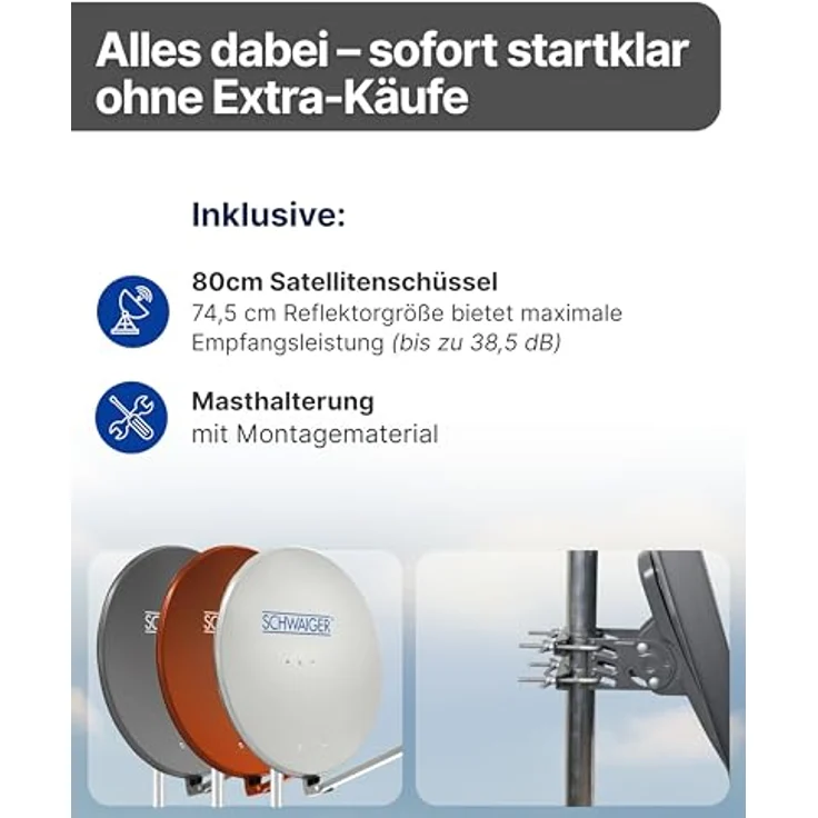SCHWAIGER Satellitenschüssel Ø 80 cm Aluminium Offset Antenne, anthrazit, wetterfest, Multifeed geeignet, maximale Empfangsleistung 38,5 dB – Bild 3
