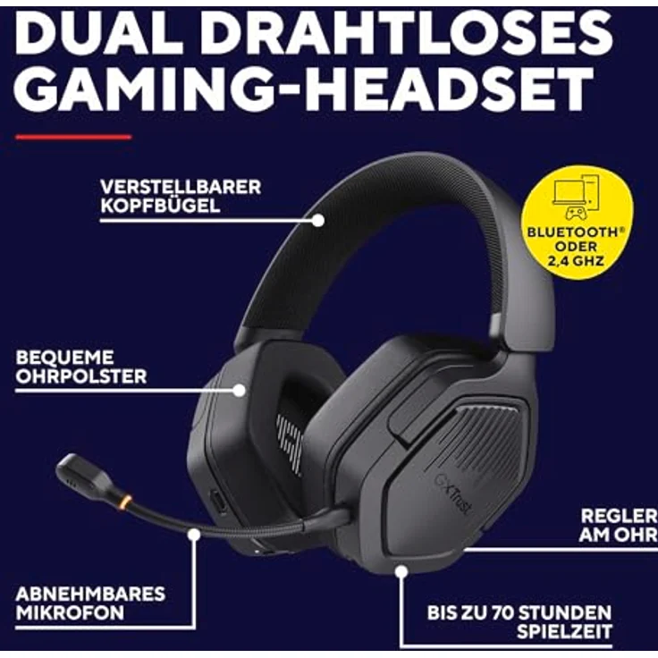 Trust Gaming GXT 1493 Ravox Gaming Headset Wireless Bluetooth + 2.4 GHz, 50mm Treiber, 70H Akkulaufzeit, Over-Ear Kopfhörer Kabellos Bluetooth mit Mikrofon, Schwarz – Bild 2