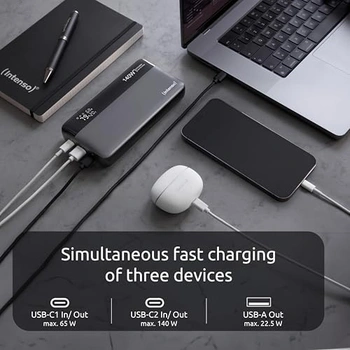 iZi Deals | (Intenso) HE25000 Powerbank 25.000 mAh Li-Ion - display - PD 3.1 (140 W) - grijs/zwart (7350060