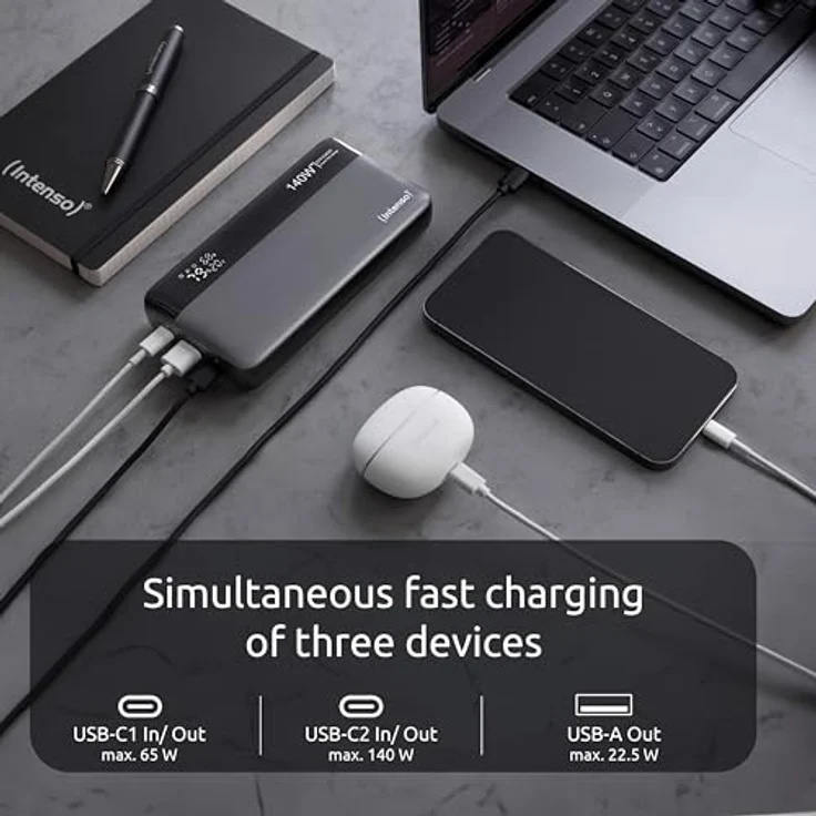 Intenso Powerbank HE25000, externer Akku mit Power Delivery (140W) & USB-C zu USB-C Ladekabel, 25000mAh, Grau-Schwarz – Bild 2