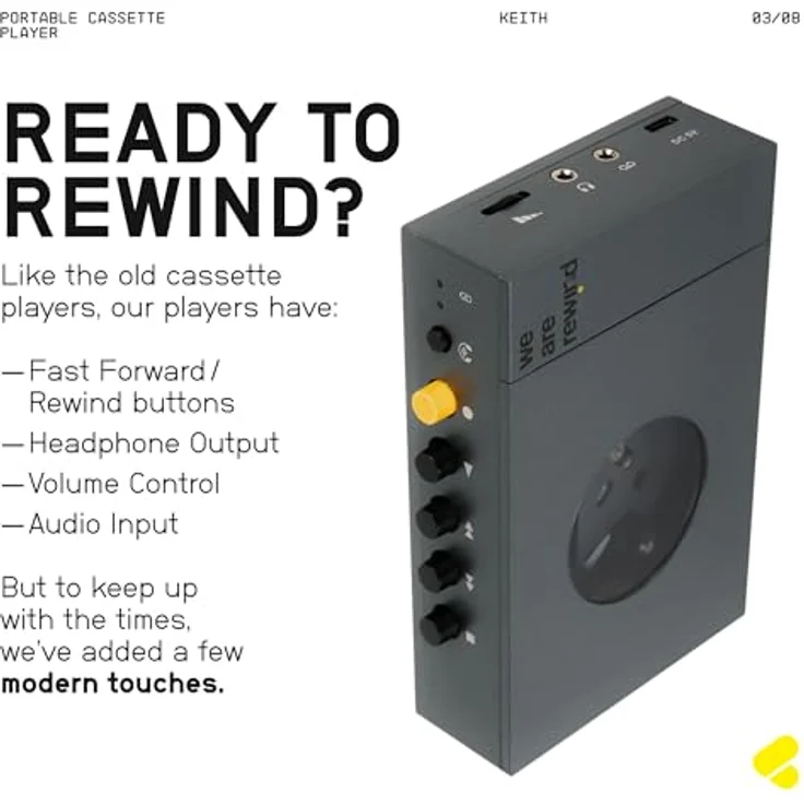 We Are Rewind Tragbarer Kassettenspieler mit Bluetooth, Keith - Bluetooth 5.1, Aluminiumgehäuse, 12-Stunden-Lithium-Batterie – Bild 3