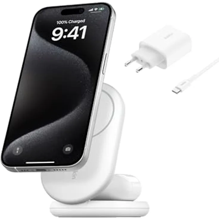 Belkin BoostCharge 2-in-1 magnetisches einklappbares Ladegerät Qi2, MagSafe-kompatibles 15 W, Schnellladegerät für Apple iPhone 16/15/14/13/12, induktive Ladestation, inklusive Netzteil - Weiß