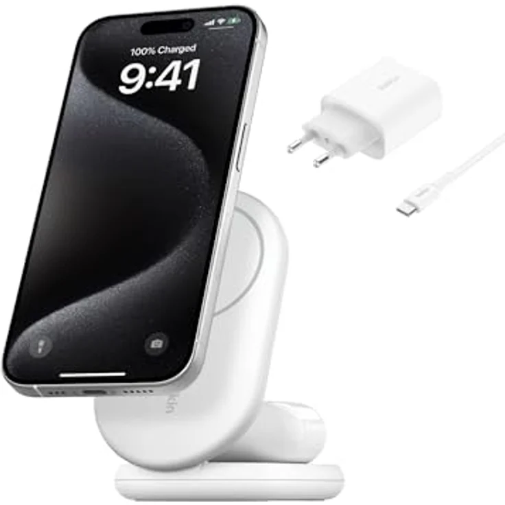Belkin BoostCharge 2-in-1 magnetisches einklappbares Ladegerät Qi2, MagSafe-kompatibles 15 W, Schnellladegerät für Apple iPhone 16/15/14/13/12, induktive Ladestation, inklusive Netzteil - Weiß – Bild 1