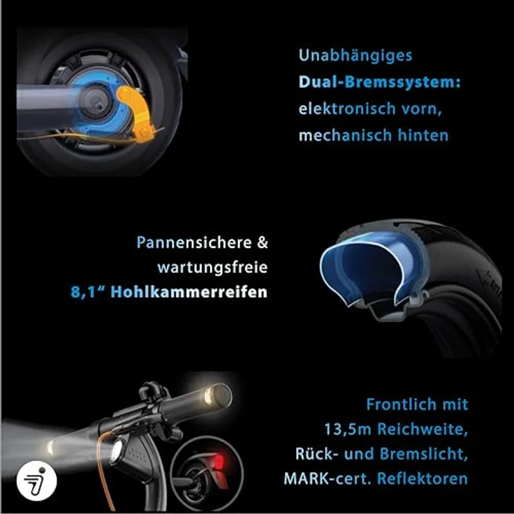 Segway-Ninebot E2 D II - Elektroroller mit Straßenzulassung, Federung & Blinker, 20 km/h, 450W Leistung, 25km Reichweite, 90kg Tragkraft, klappbar - App - Schwarz – Bild 5