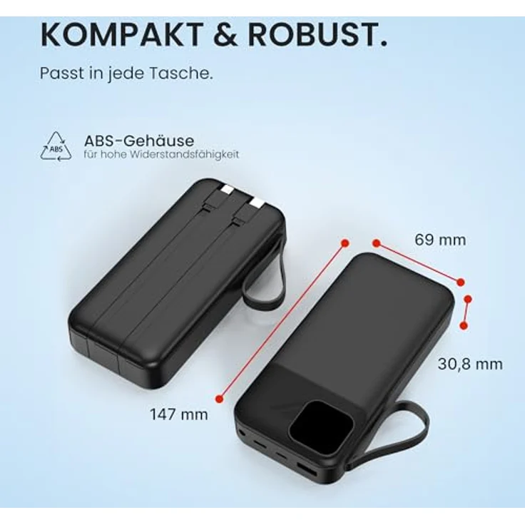 UMBRAELLA Powerbank USB-C [20.000mAh] Weiß - Fast Charging 22.5 W, PD20 W, Integrierte Type-C und Micro USB Kabel, Digital Display & Taschenlampe – Bild 5