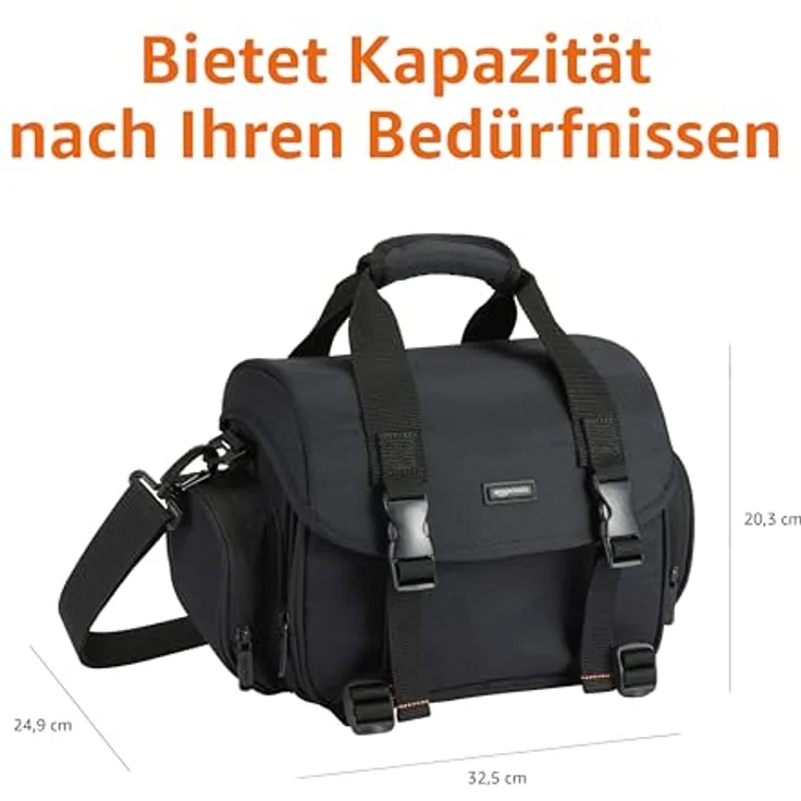 AmazonBasics - Große L Umhängetasche für Kamera und Zubehör, Schwarz mit grauem Innenfutter – Bild 4