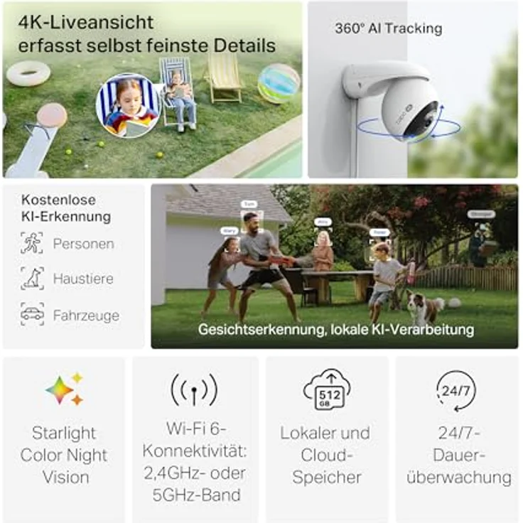 Tapo C560WS, 4K 360° WLAN-Überwachungskamera für außen, Wi-Fi 6 Dual-Band, Farbnachtsicht, KI-Erkennung, Smart Tracking, Licht- & Ton-Alarm, Zwei-Wege-Audio, bis zu 512 GB MicroSD-Speicher – Bild 3