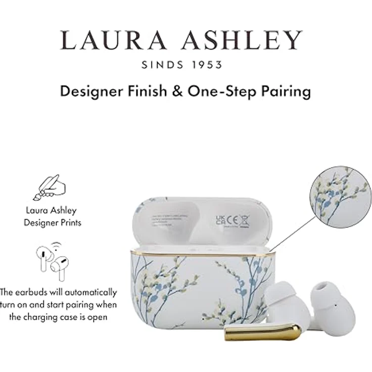 VQ Laura Ashley Kabellose Ohrhörer Bluetooth TWS 5.3 - Pussy Willow Weiß, In-Ear-Kopfhörer mit 40 Stunden Akkulaufzeit und ENC-Geräuschunterdrückung – Bild 3
