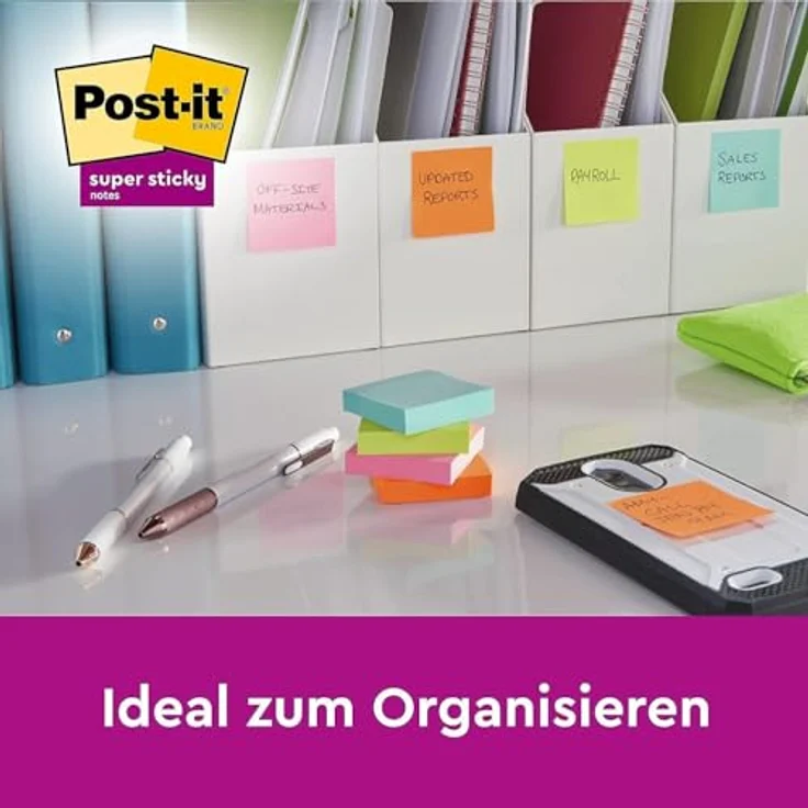 Post-it Notes Super Sticky Haftnotizblock Boost Collection, 76x76mm, 90 Blatt, vitalorange, limonengrün, paradiseblau, tropicalpink, ultragelb – Bild 3