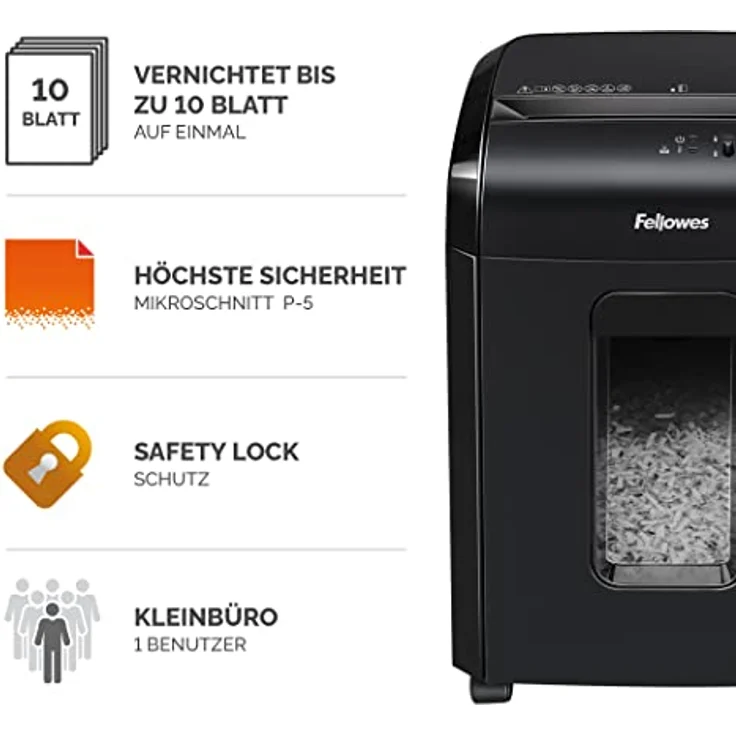 Fellowes Powershred 10M, 10 Blatt Micro-Cut (P-5) Aktenvernichter mit Sicherheitssperre, für Zuhause-Home Office – Bild 2
