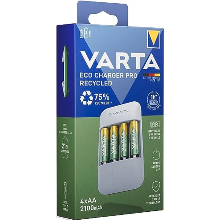 Varta Akku Ladegerät Eco Charger Pro, inkl. 4x AA 2100mAh, Gehäuse aus 75% recyceltem Material – Bild 2