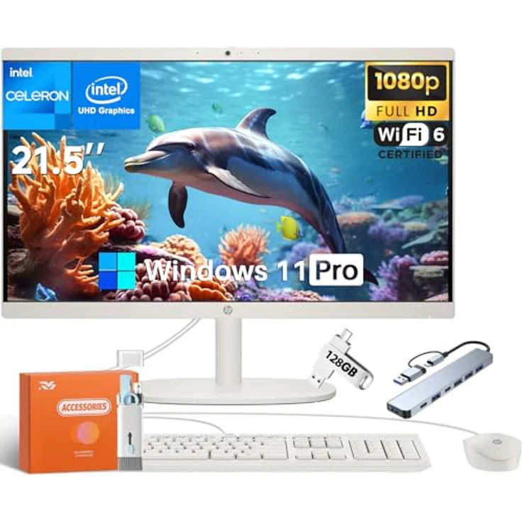 HP All-in-One Desktop Computer Pro, 54,6 cm FHD Anti-Glare Display, Intel Celeron J4025, 16GB RAM, 512GB SSD, Windows 11 Pro, mit Zubehör – Bild 1
