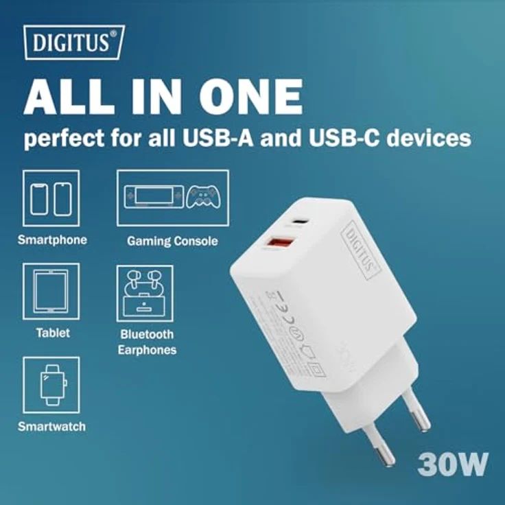 DIGITUS USB GaN Charger 30W, 1x USB-C, 1x USB-A, kompakt, bis zu 30W Leistung für Smartphones und Tablets – Bild 10