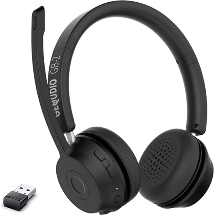 GEQUDIO GB-2 Bluetooth Headset mit Mikrofon, passives Noise Cancelling, kabellos, 2 Geräte gleichzeitig verbinden, Standby 500h (mit USB-Adapter), Wireless – Bild 1