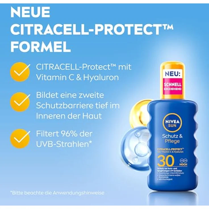 NIVEA SUN Schutz & Pflege Sonnenspray LSF 30 Citracell-Protect, wasserfestes Sonnencreme Spray mit Vitamin C & Hyaluron, 48h Feuchtigkeit, 200 ml – Bild 3