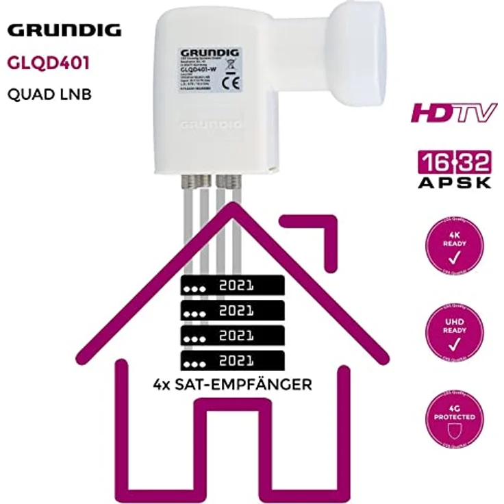 [Test SEHR GUT *] GSS Quad LNB Weiss für digital Satellitenschüssel - für 4 Teilnehmer Empfänger - 4fach 4-Fach - mit LTE Filter - für Sat Satelliten, HD, 4K, 0.1dB, extrem kälte- & hitzebeständig – Bild 3