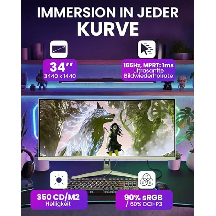 Arozzi Nova 34", Curved Gaming Monitor mit 165Hz, Ultrawide QHD 1440p, Adaptive Sync, HDR10, flimmerfrei, 90% sRGB - Waldgrün – Bild 2