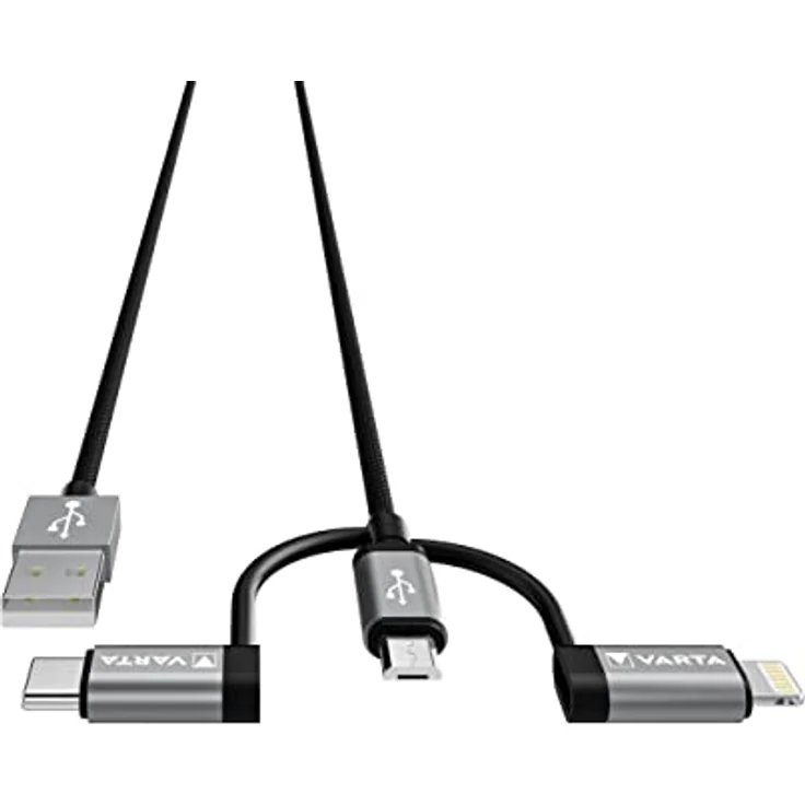 VARTA 3in1 Kabel USB A auf Micro USB, USB Type C, Lightning, Speed Charge & Sync, MFi, Ladekabel für Strom- und Datenübertragung, 2m, schwarz, Nylon – Bild 3