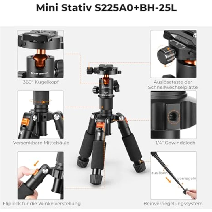 K&F CONCEPT Mini Stativ S225A1+BH-25, kompaktes Tischstativ mit 360° Kugelkopf, max. Belastung 6 kg, Höhe bis 52 cm, inkl. Handyhalterung, kompatibel mit Canon/Sony/Nikon/Fujifilm – Bild 3