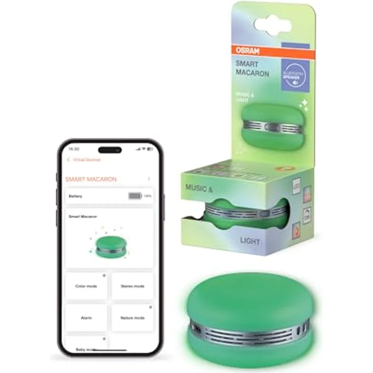 Osram Smart Macaron, Bluetooth-Lautsprecher mit Dreh-Farblicht, Musik-Sync, App-Timer, 3 Modi, Stereo-Pairing, Grün – Bild 1