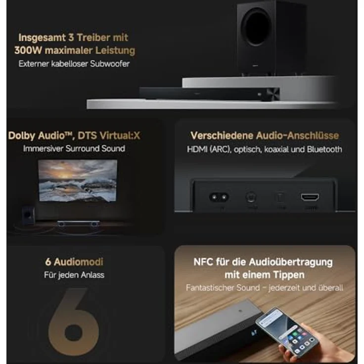 Xiaomi Soundbar Pro NS4-EU, 2.1 Kanal Soundbar mit 300W Leistung, kabellosem Subwoofer und Dolby Audio – Bild 4