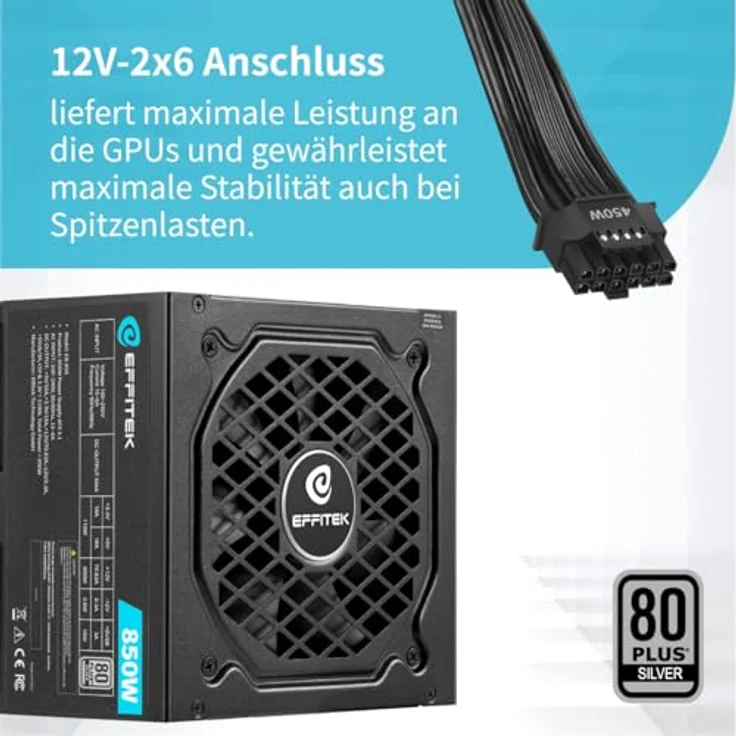 EFFITEK 850Watt ATX 3.1 Gamer Netzteil, 80 Plus Silver, unterstützt PCIe 5.1 GPUs, 140mm kompakt, 10 Jahre Garantie – Bild 3