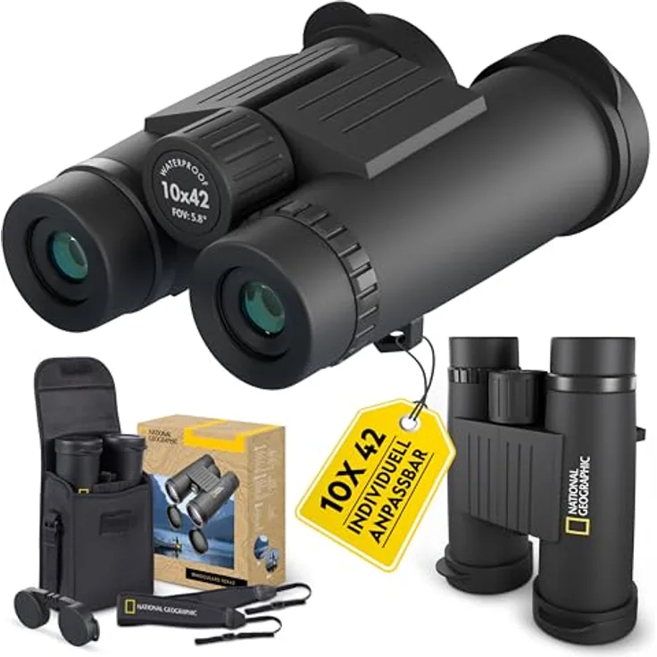 National Geographic Fernglas 10x42 Dachkant, Schwarz, mit 10-facher Vergrößerung und hochwertigen Glaselementen, stabiler Trageriemen und Tasche