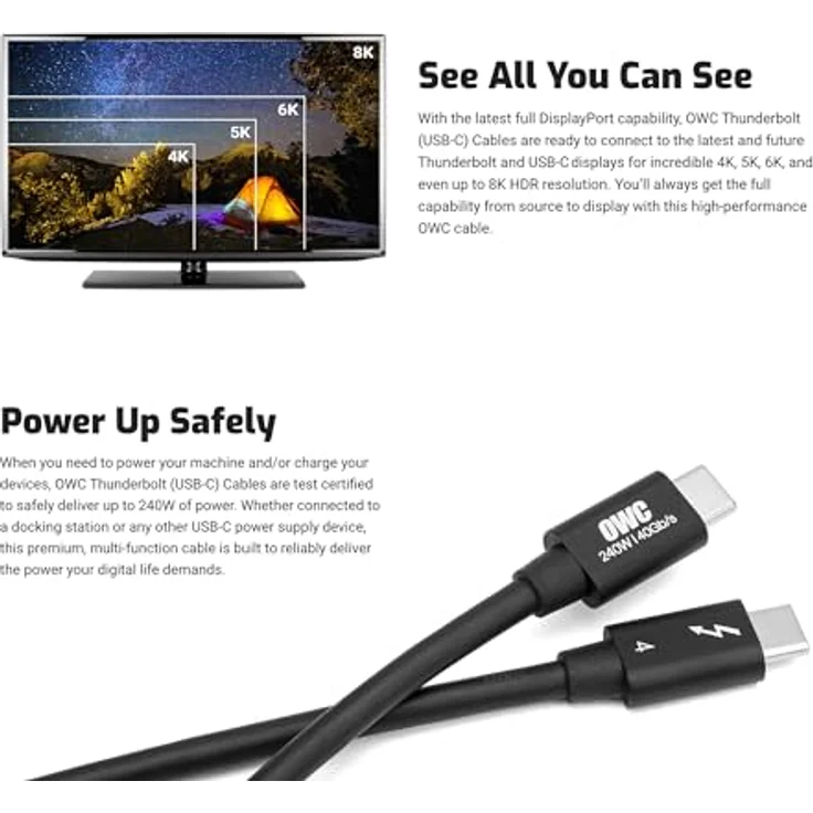 OWC Thunderbolt 4/USB-C Kabel, 0.7m, Schwarz, 8K Unterstützung, 40 Gbps, USB-Stromversorgung (100 W) – Bild 7