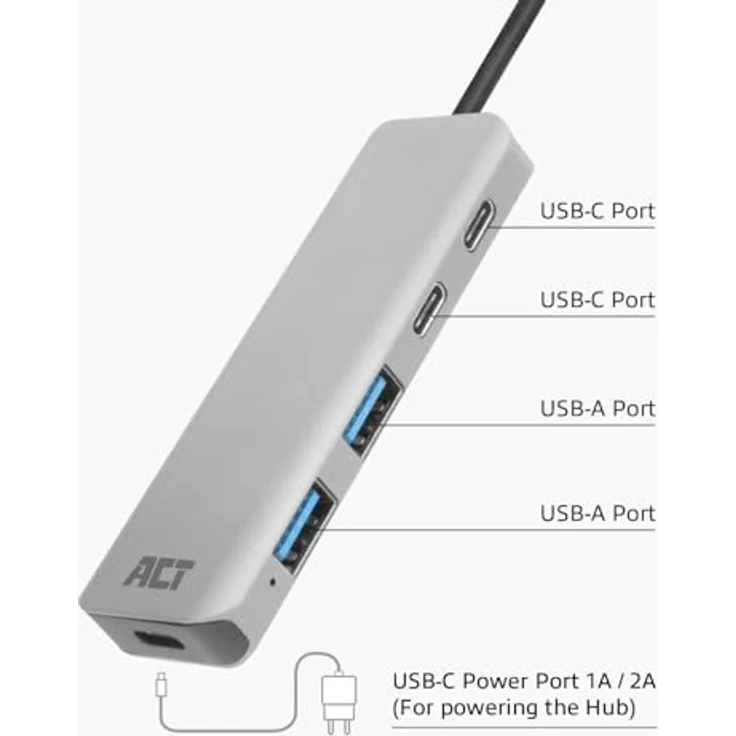 ACT AC6125, 4-Port USB Hub 3.0 mit 2X USB-A und 2X USB-C, Premium Aluminium Gehäuse, schnelle Datenübertragung bis 5Gbps – Bild 3