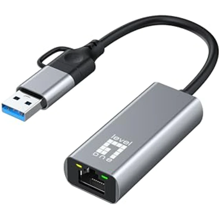 LevelOne USB-0423, Adapter USB-C + USB-A zu RJ45, 2.5 Gbps Ethernet, grau – Bild 2
