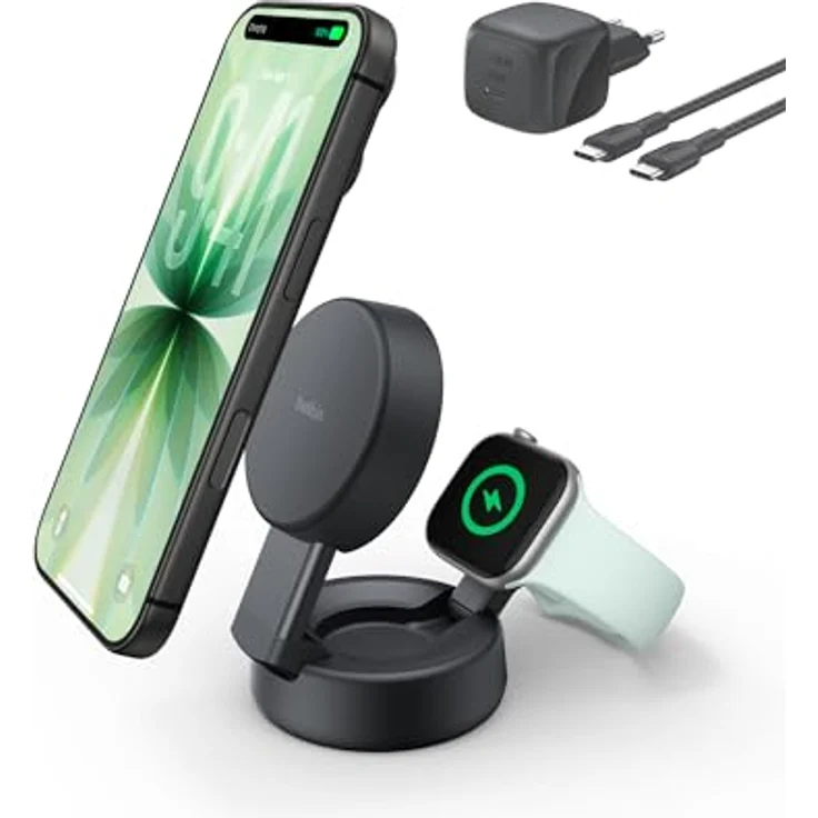 Belkin UltraCharge Pro MagSafe Ladegerät, 2-in-1 Induktive Ladestation mit Qi2.2, 25W Schnellladung für iPhone 17 und Apple Watch Series 10, inkl. 45-W-Netzteil – Schwarz – Bild 1
