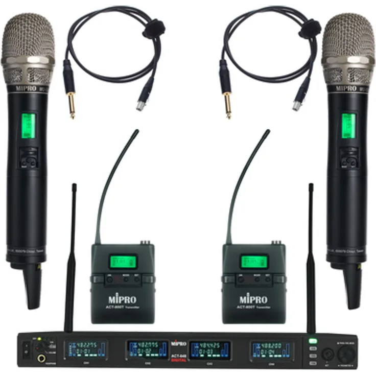 Mipro ACT-800, Digitales 4-Kanal True Diversity UHF Funksystem mit 2x Handheld-Mikrofonen und 2x Taschensendern, Reichweite bis 100 Meter, Frequenzbereich 482-554 MHz