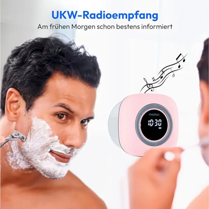 MEDION P66096 Duschradio mit Bluetooth (Badradio, UKW Radio, Saugnapf, LED-Display, IPX6 Wasserdicht, integrierter Akku, MD43884) pink – Bild 4