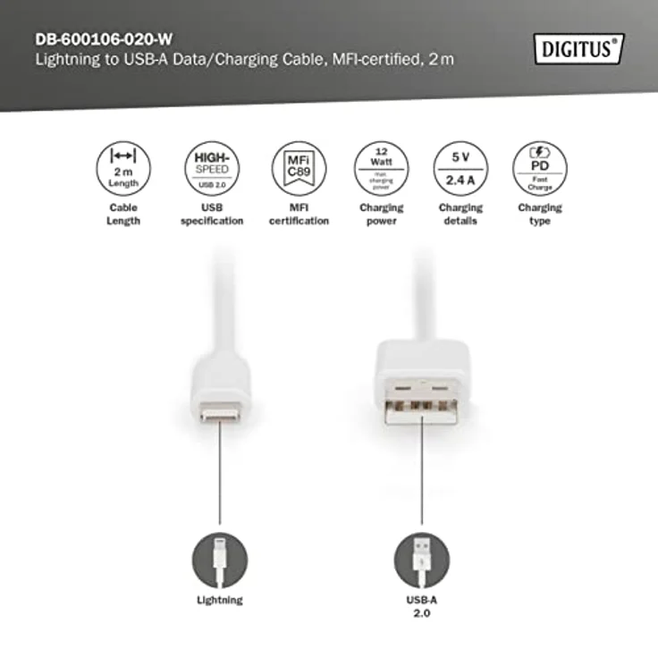 DIGITUS USB-A zu Lightning MFI C89, 2M Daten und Ladekabel, weiß, 5V, 2.4A – Bild 3