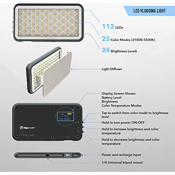 DigiPower Vlogging Kit Instructor mit LED Videoleuchte, Clip-on Lavalier Mikrofon, Handy + Kamera Halterung, Handgriff/Mini-Stativ, für Smartphones + Kameras, für TikTok, YouTube, Streaming, Meetings – Bild 3