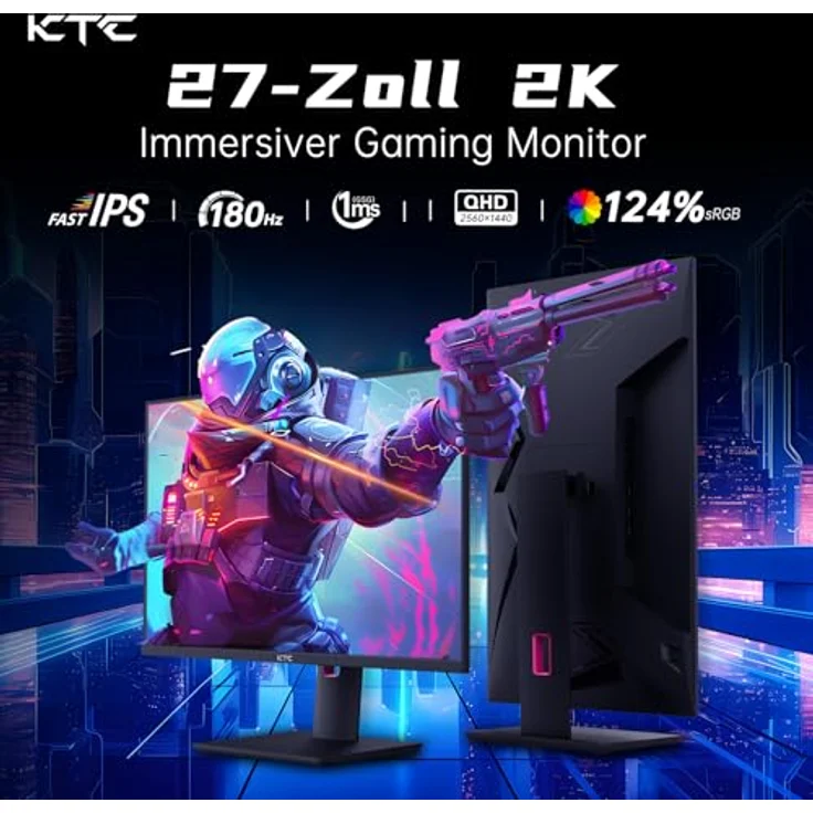 KTC Gaming Monitor H27T22, 27 Zoll 1440p 180Hz Fast IPS Monitor, 2K QHD 1ms GTG, FreeSync & G-Sync 124%sRGB HDR10, Vertikaler PC Bildschirm, HDMI/DP/USB, Schwarz – Bild 2
