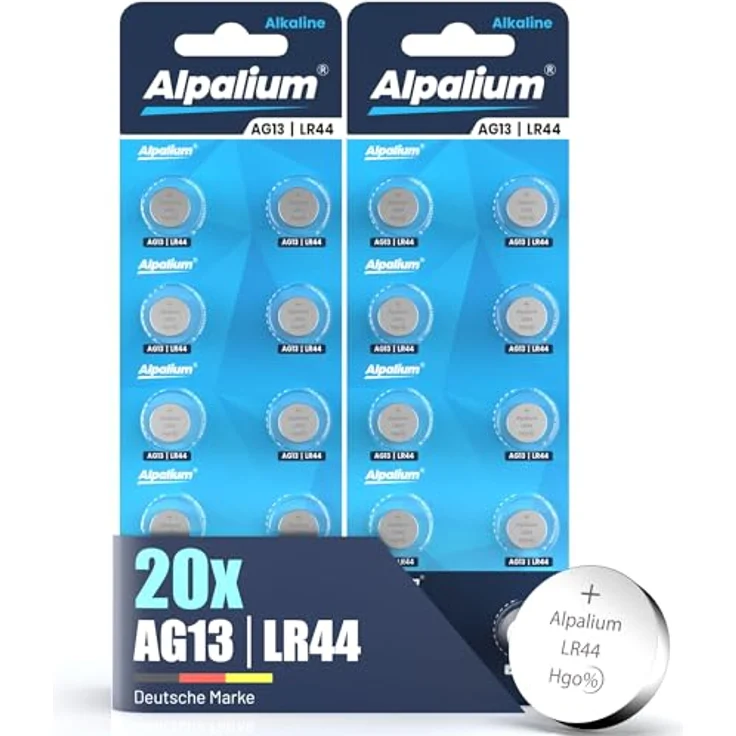 Alpalium AG13 LR44 Knopfzellen Batterien, 20er Pack, Alkaline, auslaufsicher und quecksilberfrei für Uhren, Spielzeug und mehr – Bild 1