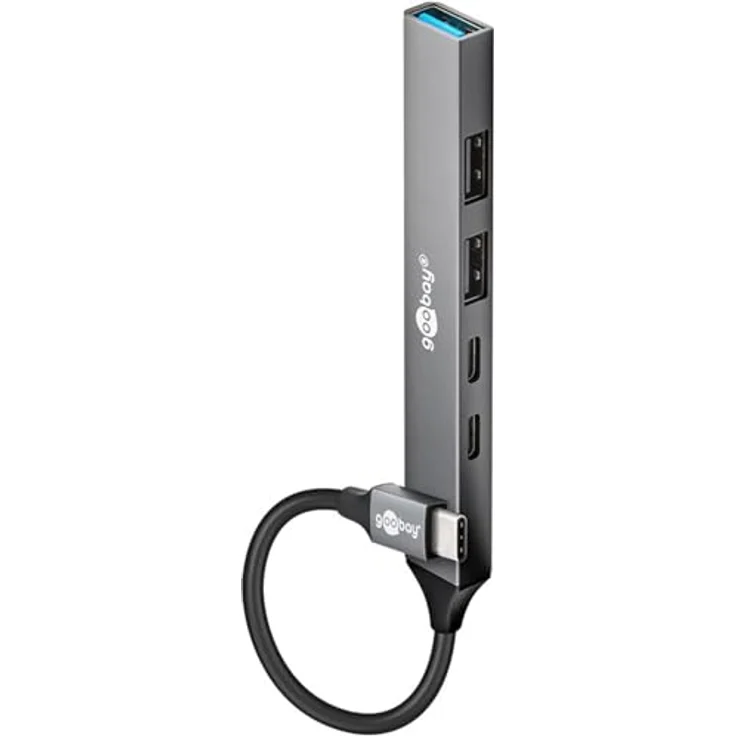 goobay 5-Port USB 3.2 Hub Slim/USB Mehrfachstecker, USB Verteiler, USB Hub/Schlanker USB-C zu 3X USB-A und 2X USB-C Multiport Adapter USB 3.0 Hub / 5 Gbits USB Splitter / 74460 - Kompakter USB-C Hub mit 5 Anschlüssen und 100 W Power Delivery in robustem Aluminiumgehäuse